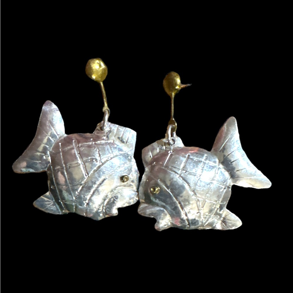 Aluminum and Brass Kissing Fish Earrings 3” - Picture 5 of 5
